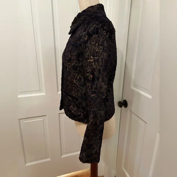 VTG Y2K MI‎ JONG LEE Textured Faux Fur Jacket Navy Gold Sz 4 Luxe Cropped - Picture 4 of 16